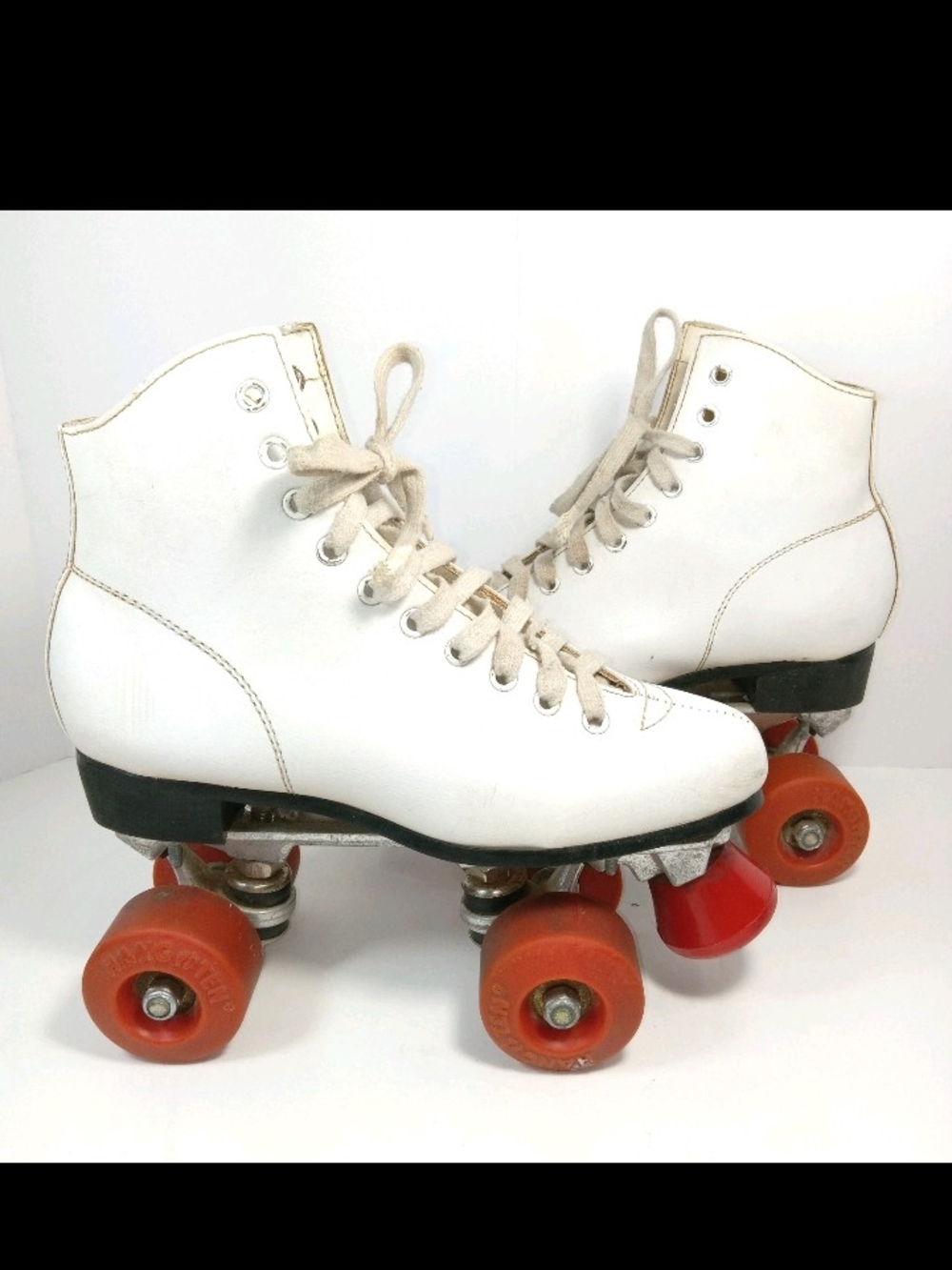Vtg Hang Ten Classic White Women's Leather Roller Skates with Orange Wheels